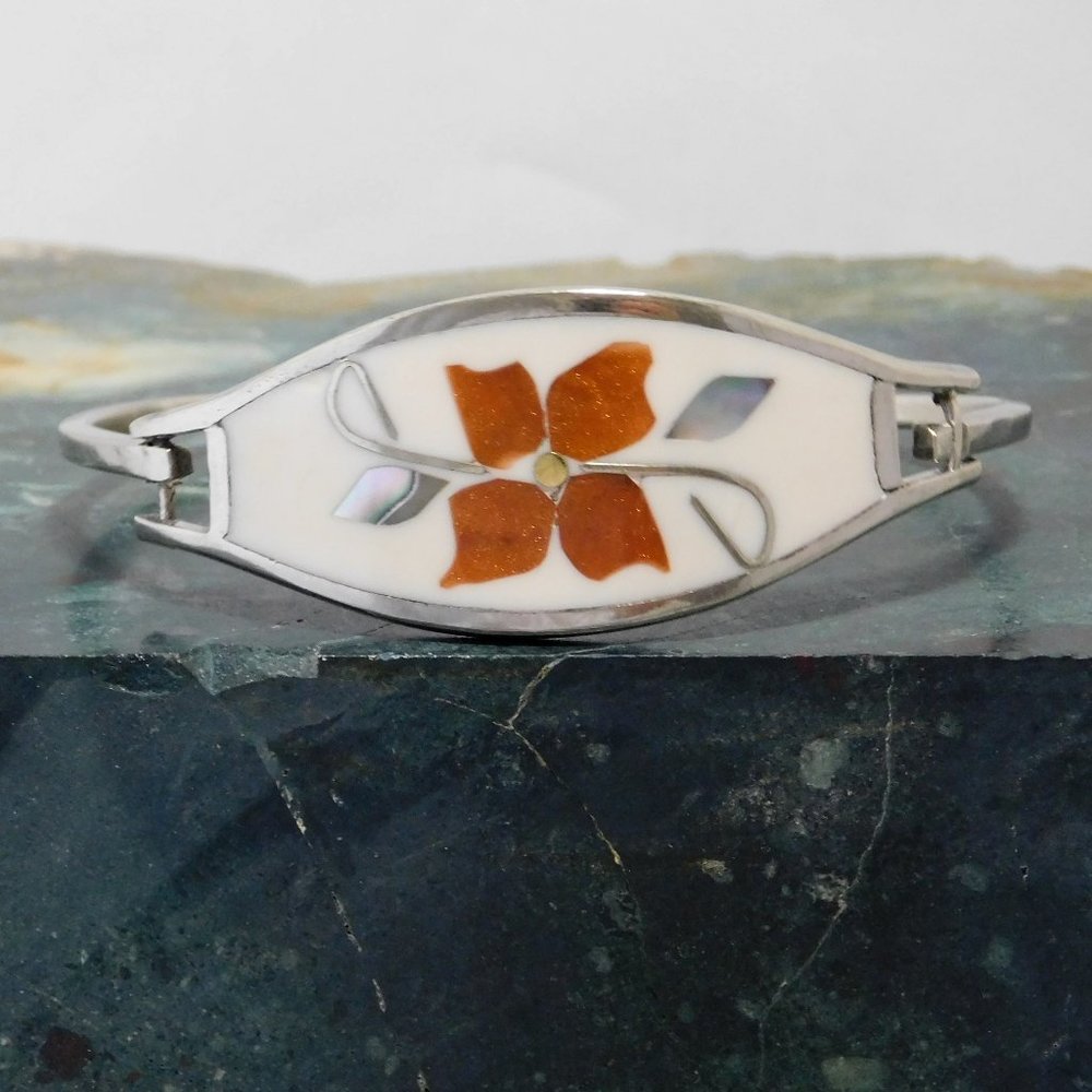 SOLD--Vintage Mexican Bracelet Alpaca Silver Abalone Shell White & Copper Color
